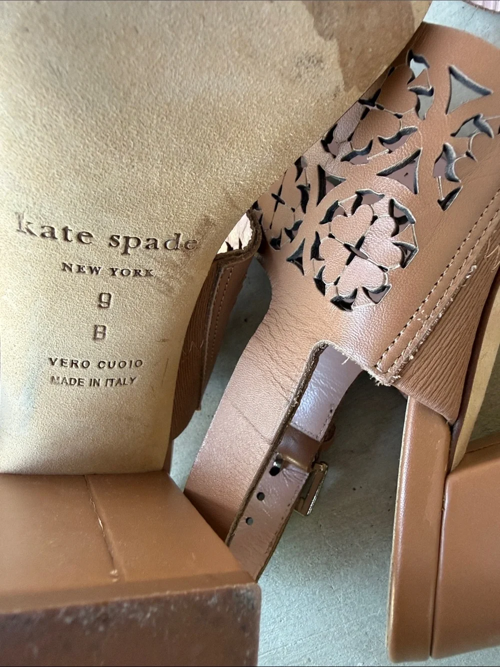 kate spade Tan Laser-Cut Leather Slingback Heels with Pink Insole